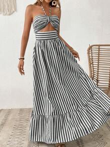 SHEIN VCAY Striped Print Cut Out Ruffle Hem Halter Dress - Black and White - View 5