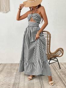 SHEIN VCAY Striped Print Cut Out Ruffle Hem Halter Dress - Black and White - View 6