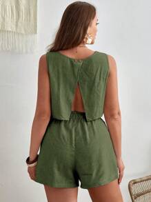 SHEIN VCAY Plus Solid Split Back Tank Top & Shorts - Army Green - View 1