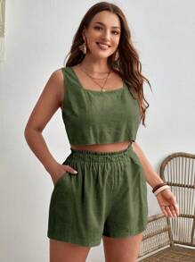 SHEIN VCAY Plus Solid Split Back Tank Top & Shorts - Army Green - View 5