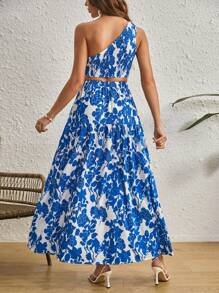 SHEIN VCAY Floral Print One Shoulder Crop Top & Split Thigh Skirt - Blue and White - View 2