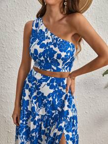 SHEIN VCAY Floral Print One Shoulder Crop Top & Split Thigh Skirt - Blue and White - View 3