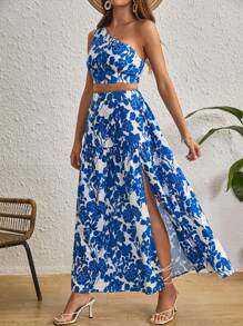 SHEIN VCAY Floral Print One Shoulder Crop Top & Split Thigh Skirt - Blue and White - View 5
