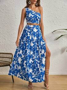 SHEIN VCAY Floral Print One Shoulder Crop Top & Split Thigh Skirt - Blue and White - View 6