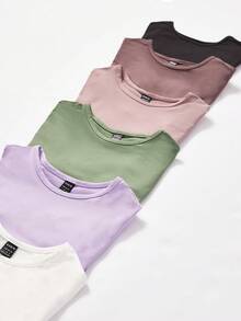 SHEIN BASICS Solid Color Cut-Off Short Sleeve Casual Round Neck T-Shirt For Summer