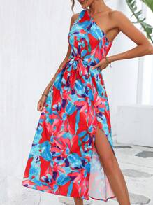 SHEIN VCAY Allover Print One Shoulder Split Thigh Belted Dress - Multicolor - View 1