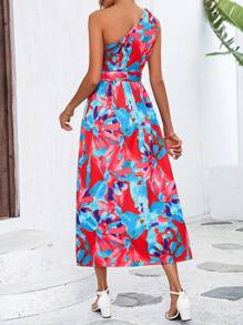 SHEIN VCAY Allover Print One Shoulder Split Thigh Belted Dress - Multicolor - View 2