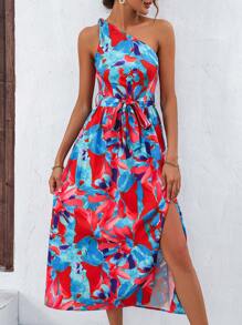 SHEIN VCAY Allover Print One Shoulder Split Thigh Belted Dress - Multicolor - View 6