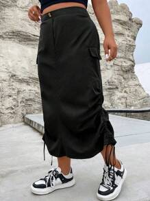 Flirla Plus Flap Pocket Drawstring Side Cargo Skirt