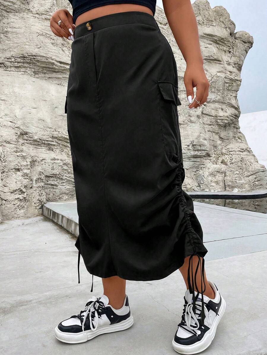 Flirla Plus Flap Pocket Drawstring Side Cargo Skirt