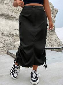 Flirla Plus Flap Pocket Drawstring Side Cargo Skirt