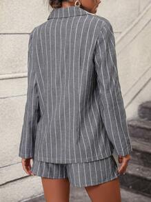 SHEIN LUNE 條紋印花西裝領西裝外套&紙袋腰附腰帶短褲 - 灰色 - 查看 3