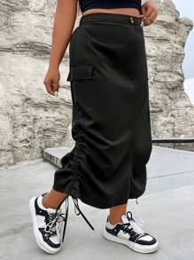 Flirla Plus Flap Pocket Drawstring Side Cargo Skirt