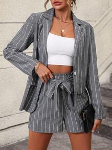 SHEIN LUNE 條紋印花西裝領西裝外套&紙袋腰附腰帶短褲 - 灰色 - 查看 6