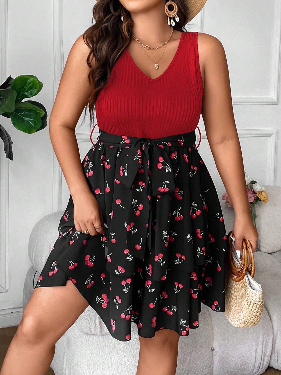 SHEIN LUNE Plus Cherry Print Belted Dress - Multicolor - View 1