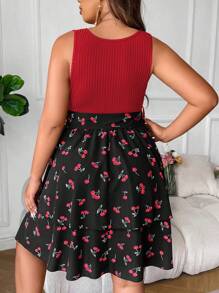 SHEIN LUNE Plus Cherry Print Belted Dress - Multicolor - View 2