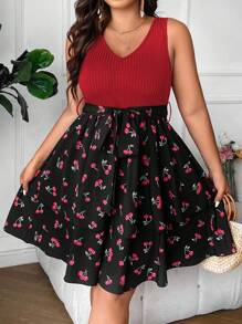 SHEIN LUNE Plus Cherry Print Belted Dress - Multicolor - View 3