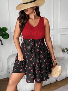 SHEIN LUNE Plus Cherry Print Belted Dress - Multicolor - View 4