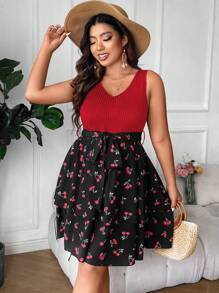 SHEIN LUNE Plus Cherry Print Belted Dress - Multicolor - View 5