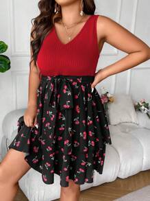 SHEIN LUNE Plus Cherry Print Belted Dress - Multicolor - View 6