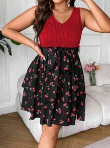 SHEIN LUNE Plus Cherry Print Belted Dress - Multicolor - View 7