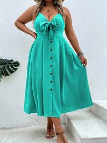 Breezaya Plus Knot Front Button Detail Cami Dress - Mint Green - View 1