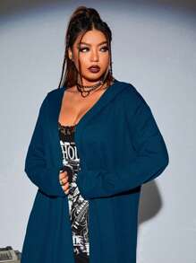 PUNK Talla grande Abrigo con capucha unicolor con parte delantera abierta - Verde Oscuro - Ver 3