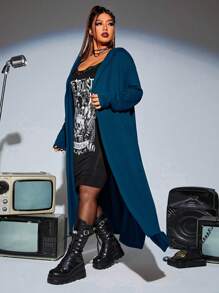 PUNK Talla grande Abrigo con capucha unicolor con parte delantera abierta - Verde Oscuro - Ver 4