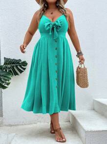 Breezaya Plus Knot Front Button Detail Cami Dress - Mint Green - View 4