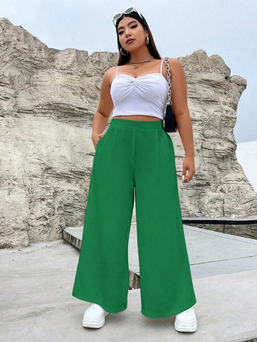 Flirla Plus Solid Slant Pocket Wide Leg Pants - Green - View 1