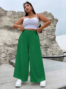 Flirla Plus Solid Slant Pocket Wide Leg Pants - Green - View 3