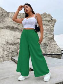 Flirla Plus Solid Slant Pocket Wide Leg Pants - Green - View 4