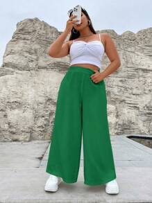 Flirla Plus Solid Slant Pocket Wide Leg Pants - Green - View 5