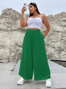 Flirla Plus Solid Slant Pocket Wide Leg Pants - Green - View 6