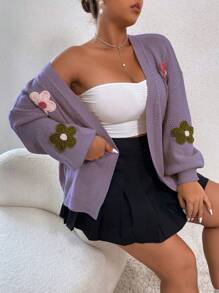 Flirla Plus Appliques Drop Shoulder Duster Cardigan - Purple - View 1