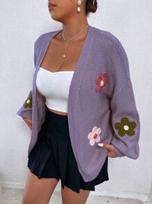 Flirla Plus Appliques Drop Shoulder Duster Cardigan - Purple - View 3