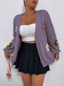Flirla Plus Appliques Drop Shoulder Duster Cardigan - Purple - View 5