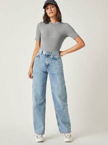 SHEIN BASICS 羅紋針織素色T恤 - 灰色 - 查看 6