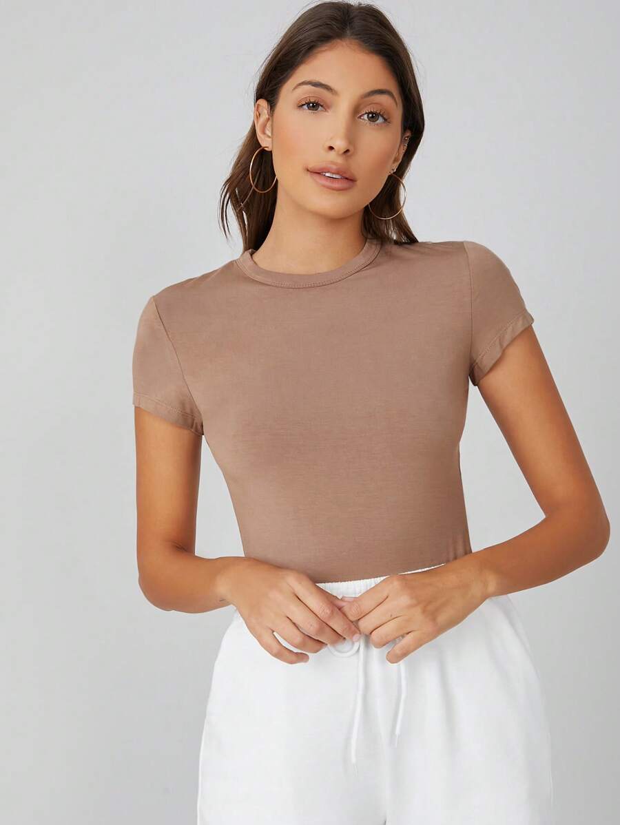 SHEIN BASICS Top corto unicolor de manga de casquillo - Marrón Mocha - Ver 1