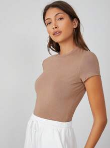 SHEIN BASICS Top corto unicolor de manga de casquillo - Marrón Mocha - Ver 4