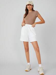 SHEIN BASICS Top corto unicolor de manga de casquillo - Marrón Mocha - Ver 6