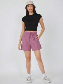 SHEIN BASICS 盖袖纯色短款上衣 - 黑色 - 查看 7