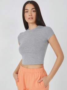 SHEIN BASICS Top corto de manga corta de color sólido - Gris - Ver 5