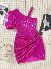 SHEIN 女大童不對稱領前扭結金屬質感連衣裙 - 玫紅色 - 查看 1