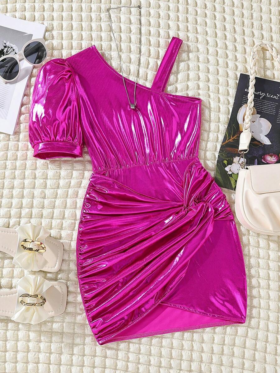 SHEIN 女大童不對稱領前扭結金屬質感連衣裙 - 玫紅色 - 查看 1