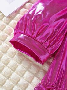 SHEIN 女大童不對稱領前扭結金屬質感連衣裙 - 玫紅色 - 查看 4