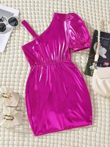 SHEIN 女大童不對稱領前扭結金屬質感連衣裙 - 玫紅色 - 查看 7