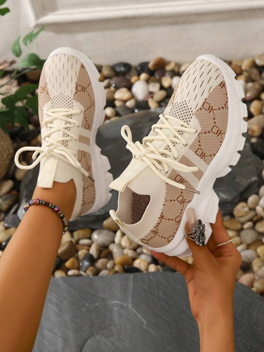 Fall/Winter Women's Fashion Khaki Plus Size Contrast Color Patchwork Breathable Mesh Running Sneakers - Brown - View 1