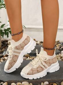 Fall/Winter Women's Fashion Khaki Plus Size Contrast Color Patchwork Breathable Mesh Running Sneakers - Brown - View 2