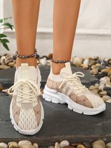 Fall/Winter Women's Fashion Khaki Plus Size Contrast Color Patchwork Breathable Mesh Running Sneakers - Brown - View 3